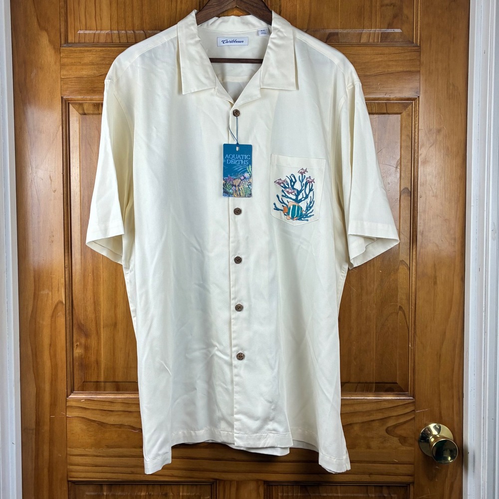 Caribbean Mens XXL Cream Embroidered Sea Turtle Camp Shirt Beach Coastal Resort